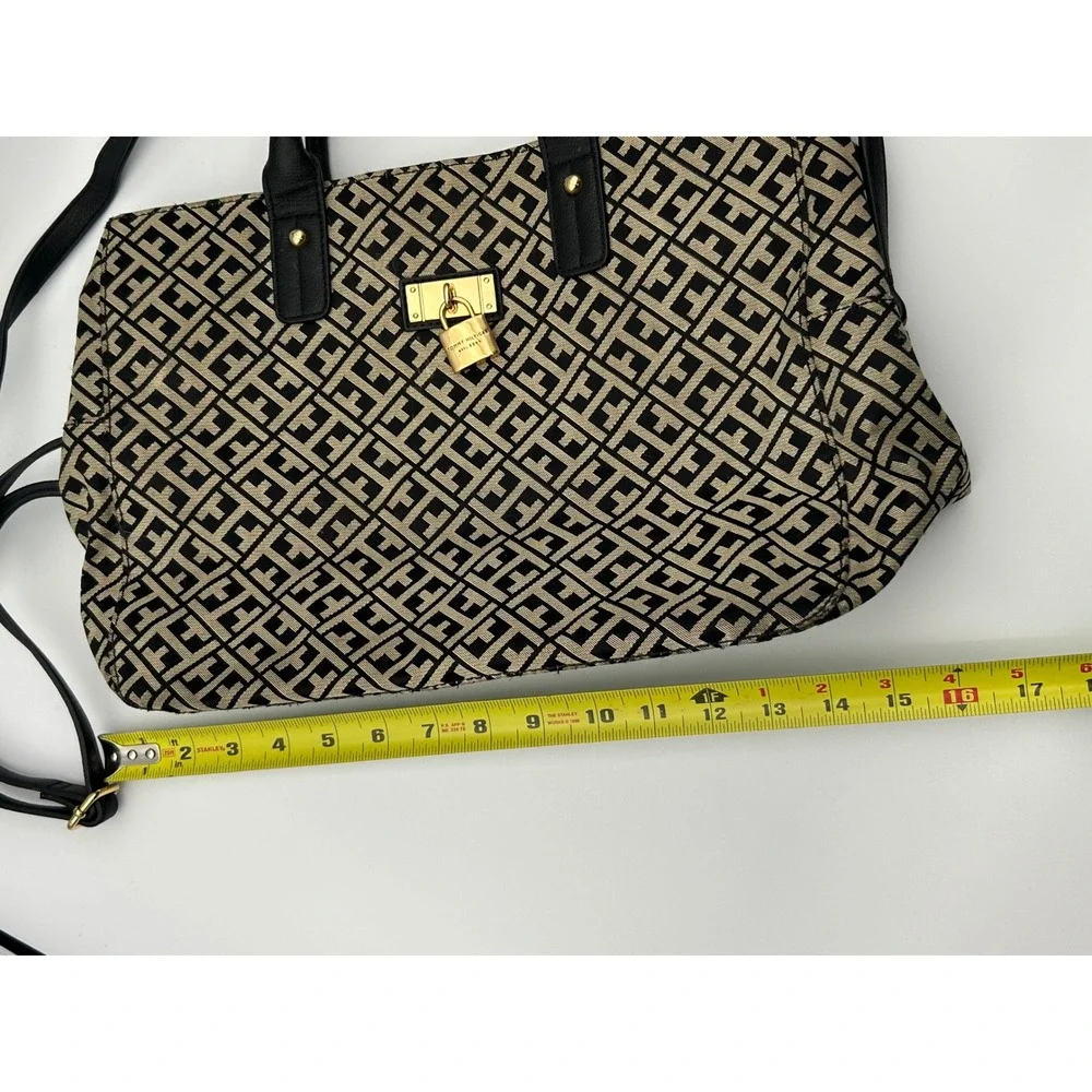 Tommy Hilfiger Monogram Satchel Bag Black Tan Jacquard Crossbody Gold Lock